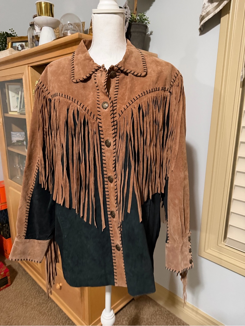 80s Bob Mackie Vintage Fringed Leather Suede Western Jacket Brown & Black Size L - Picture 4 of 15